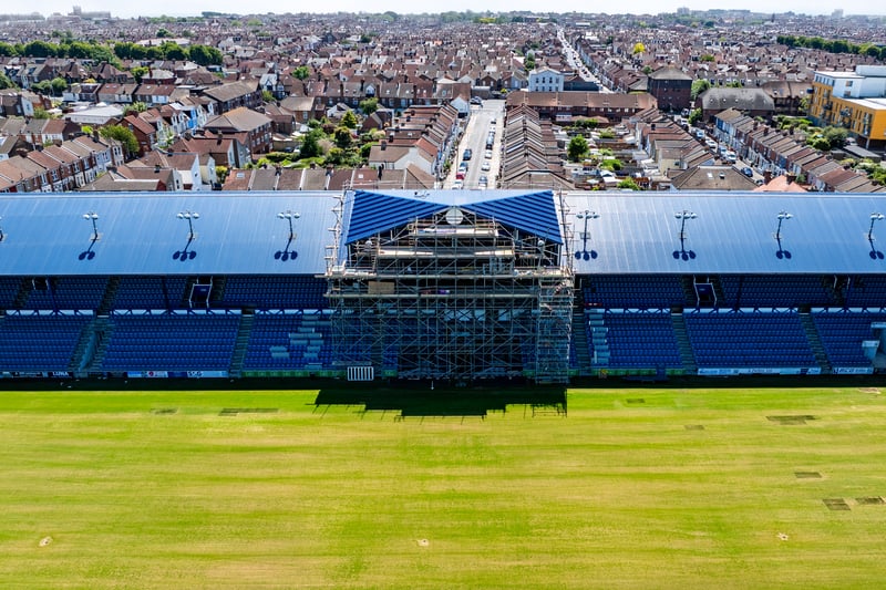 The scaffolding remains in place as Pompey's new TV gantry continues to take shape while work continues on the PO4 playing surface.