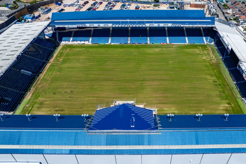 An overhead view of the back of the South Stand, with the new TV gantry taking shape and the Fratton Park pitch beginning to take on a more familiar work - although there's clearly more work to do there before the start of the season.