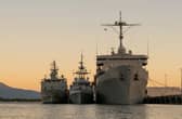 HMS Tamar alongside USS Emory S Land and HMAS Leeuwin in Australia conducting a link up exercise. Picture: Royal Navy