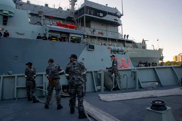 Commander Tom Gell, of HMS Tamar, said three-ship link-up in Cairns boded well for future operations in the region by the three AUKUS partners who are all committed to strengthening security in the Indo-Pacific. Picture: Royal Navy