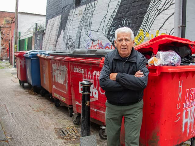 Nino Gugliemi, 82, who has run a female hair salon on Wilmslow Road in Manchester for 60 years backs onto the alley ways of where students live and have dumped rubbish after moving out for the summer. 