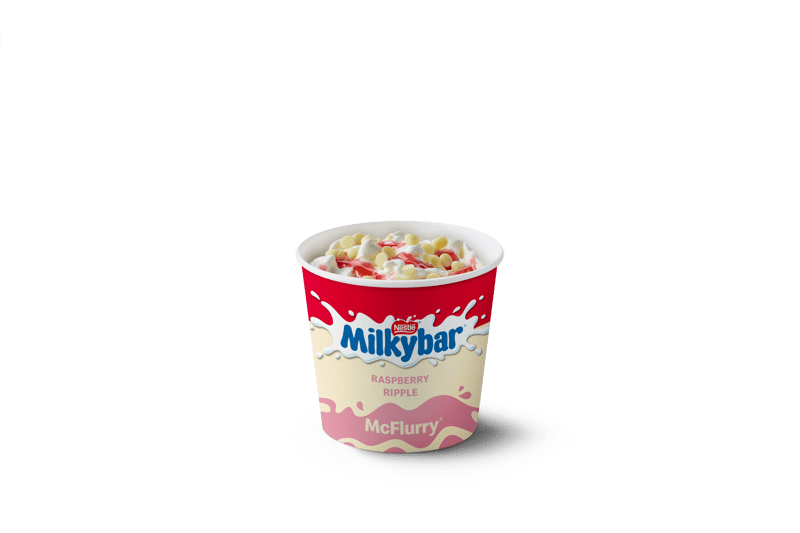 The second new flavour: soft dairy ice cream swirled with mini Milkybar chocolate drops and topped with a sweet & sharp raspberry sauce