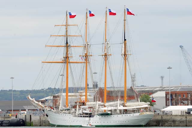 CNS Esmeralda docked in Portsmouth on Monday, July 1, 2024. Angry protestors were left disgusted by her visit, with the vessel being used as an interrogation centre during the reign of dictator Augusto Pinochet. Picture: Sarah Standing (010724-1530)