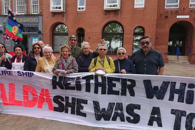 Demonstrators gathered outside the Victory Gate in Portsmouth to protest against CNS Esmeralda and the ship's use as an ambassadorial vessel for Chile. Picture: The News