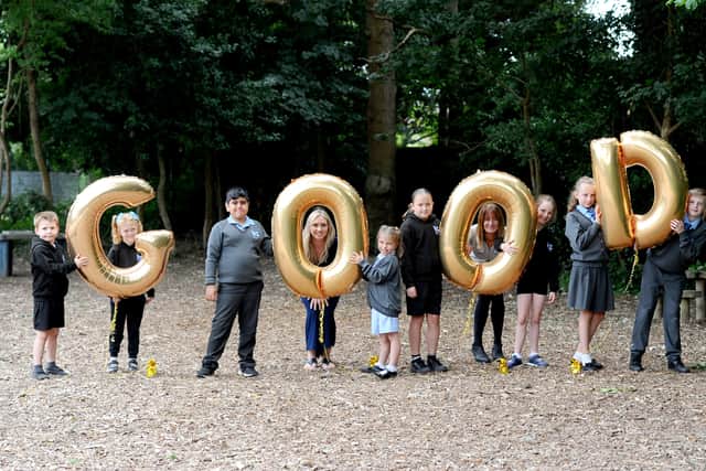 St Columba Church of England Primary Academy in Tewkesbury Avenue, Fareham, has received a Good Ofsted for the first time.Pictured is: (l-r) Callen Tillett, Mila Smith, Daniel Montaza, Mrs Katie Viola, deputy headteacher, Darcy Trowan, Lyla Whittingham, Mrs Hazel Moore, assistant headteacher, Ellie Fox, Everly Shand and Archie Gault. Picture: Sarah Standing (020724-1541)