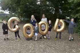 St Columba Church of England Primary Academy in Tewkesbury Avenue, Fareham, has received a Good Ofsted for the first time.Pictured is: (l-r) Callen Tillett, Mila Smith, Daniel Montaza, Mrs Katie Viola, deputy headteacher, Darcy Trowan, Lyla Whittingham, Mrs Hazel Moore, assistant headteacher, Ellie Fox, Archie Gault and Everly Shand. Picture: Sarah Standing (020724-6464)