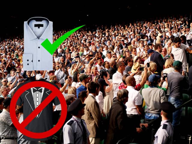 A smart button-up shirt for Wimbledon? Great. A stained "tuxedo" t-shirt though might not be up to Wimbledon's dress code - among some other "unwritten" rules on etiquette at SW19 (Credit: Canva/Getty)