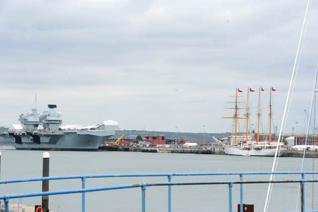 CNS Esmeralda docked in Portsmouth on Monday, July 1, 2024. She was met with protestors who said the Chilean ship was a "torture centre" used by Augusto Pinochet to execute people. The ship is used in an ambassadorial role by the South American nation. Picture: Sarah Standing (010724-1515)
