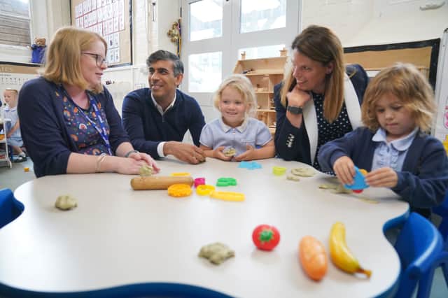 Rishi Sunak and Caroline Nokes (right) during a visit to Braishfield Primary School in Romsey