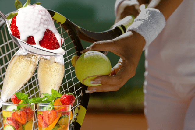 How many bottles of champagne are drunk annually at Wimbledon and how long does "Pimms o'clock" last throughout the two weeks of tennis fans at SW19? (Credit: Canva)