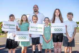 Woodcroft Primary School receiving their Ofsted Rating. Pictured - Head Teacher Mr Barry Fanning with students from Woodcroft Primary School celebrating their success.
Photos by Alex Shute 