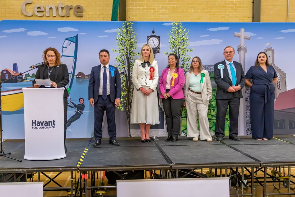 Deputy Acting Returning Officer Joanne McIntosh reads out the election results for Havant. Pictured: Joanne McIntosh (Deputy Acting Returning Officer), Alan Mak (Conservative Party), Stefanie Harvey (Labour Party), Gayathri Sathyanath (Liberal Democrats), Netty Shepherd (Green Party), John Perry (Reform UK) and Jennifer Alemanno (Workers Party Of Britain). Picture: Mike Cooter (050724)