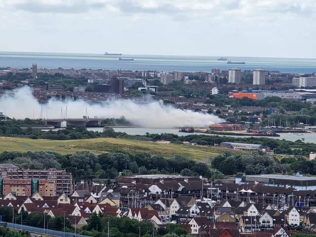 Scene of the fire at Tipner from Portsdown Hill. Picture: Ben Sh 