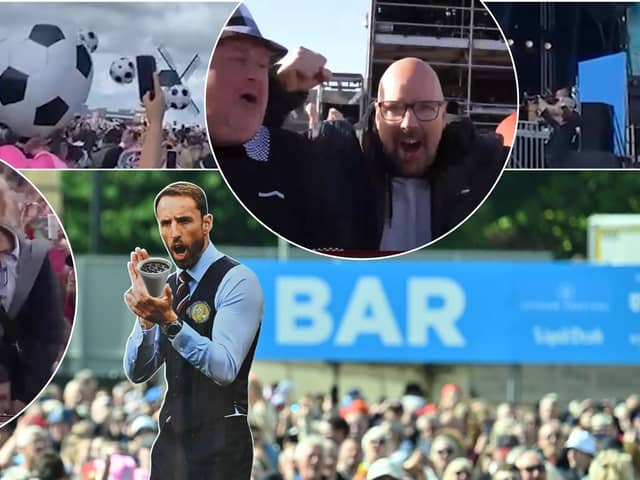 Crowd goes wild as Three Lions is played LIVE at Lytham Festival on the night of England FC's big win against Switzerland at Euro 2024. Credit: Dave Nelson Photography, inset: Lytham Festival, top: Luke Patrick