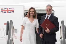 Prime Minister Sir Keir Starmer and his wife Victoria board a plane at Stansted Airport in Essex as they head to Washington DC to attend a Nato summit. The Labour government has been criticised over a lack of timescale for when the UK will increase its defence spending.