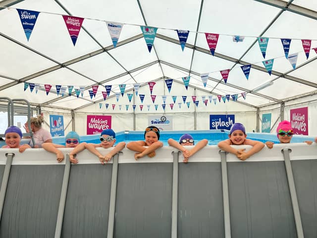 Hundreds of children across three Portsmouth schools are making a splash in a temporary swimming pool that has been opened, the first of its kind to open at a school in the city.
