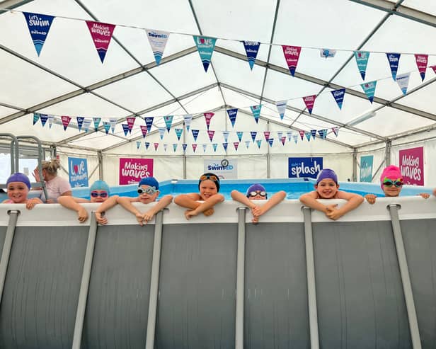 Hundreds of children across three Portsmouth schools are making a splash in a temporary swimming pool that has been opened, the first of its kind to open at a school in the city.