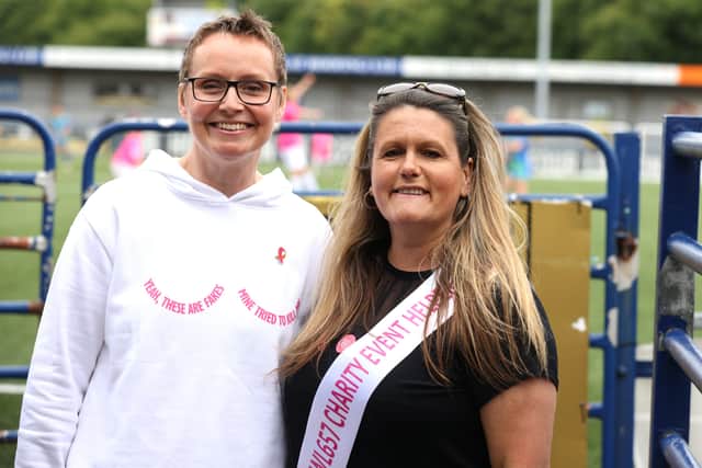 From left: Louise Hinchcliffe and Jacob's mum Katrine Lee. Jacob set up his own Soccer Aid style football match in aid of Breast Cancer Now.