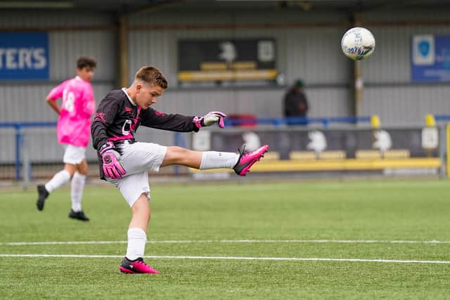 Jacob Lee taking a goal kick during the charity football match at Westleigh Park. Picture: Jason Brown
