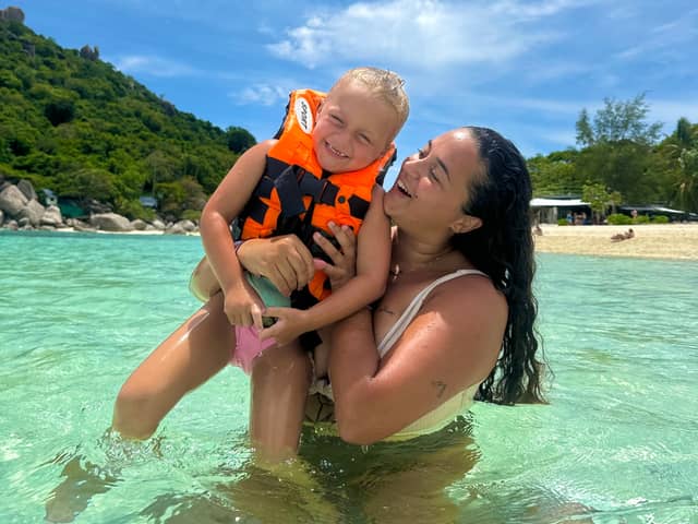 Alicia Tunnicliffe, 23, and daughter, Milani, five, on their travels in Asia.