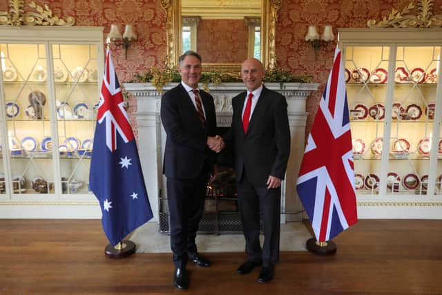 Australia's Deputy Prime Minister and Defence Minister Richard Marles (L) and Britain's Defence Secretary John Healey (R) on July 13, 2024 in |Rotherham, England.