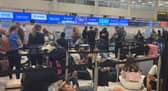 Long queues at an airport.