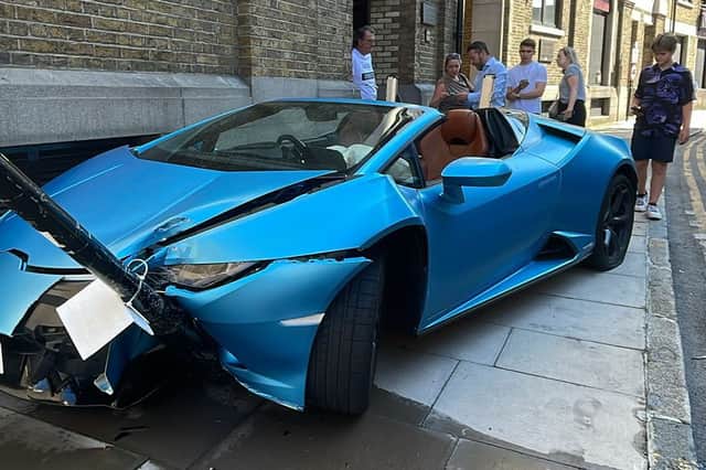 Lamborghini abandoned after driver allegedly crashed and fled.