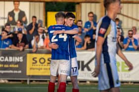 Pompey triallist Sean Patton celebrates his goal against Hawks on Friday night. Pic: Alex Shute.