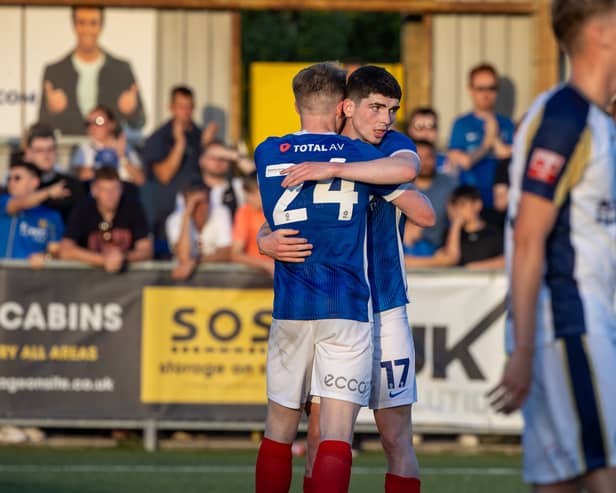 Pompey triallist Sean Patton celebrates his goal against Hawks on Friday night. Pic: Alex Shute.