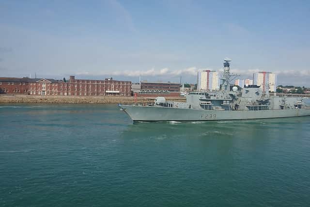 Royal Navy Type 23 frigate sailing from Portsmouth on the morning of July 24. Pictured is the Plymouth-based warship sailing past The Round Tower in Southsea.