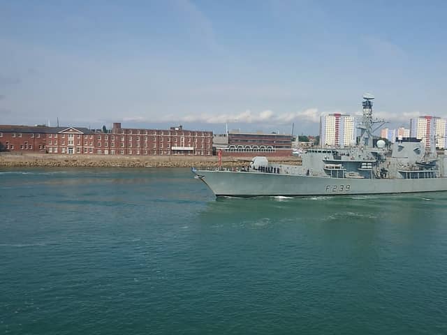 Royal Navy Type 23 frigate sailing from Portsmouth on the morning of July 24. Pictured is the Plymouth-based warship sailing past The Round Tower in Southsea.