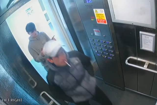 Aiden West and Liam Savage (in cap) on CCTV in lift at Harbour Tower after the murder of Levi Kent