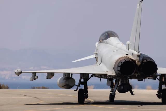 A Royal Air Force Typhoon FGR4 deployed to RAF Akrotiri worked with HMS Duncan on counter-drone training.