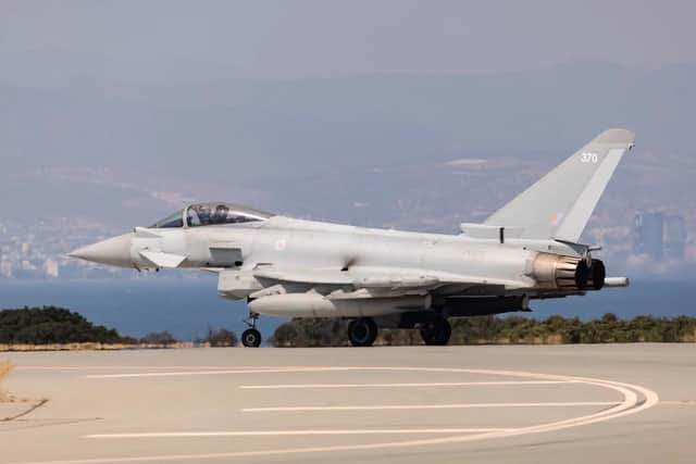 A Royal Air Force Typhoon FGR4 deployed to RAF Akrotiri worked with HMS Duncan on counter-drone training.