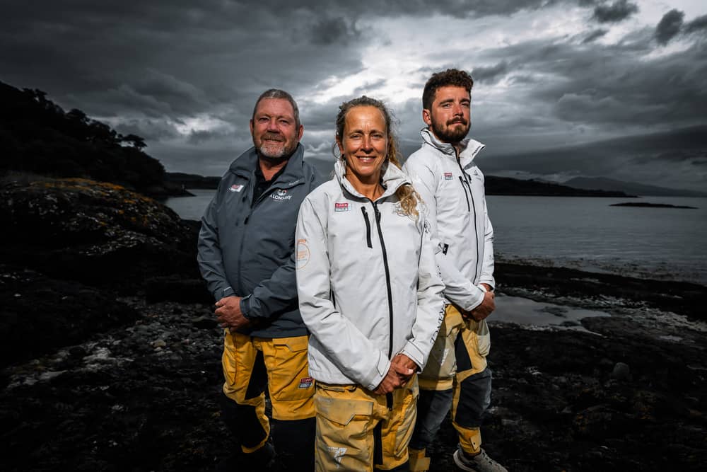 The top three wnners of the Clipper round the world yacht race - Winner Bob Beggs (left), second place Ineke van der Weijden (centre), and third place skipper James Finney (right)