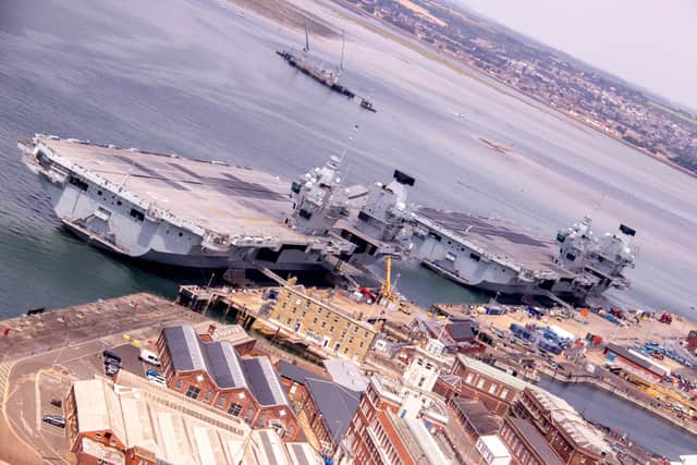 Pictured: Both aircraft carriers, HMS Queen Elizabeth and HMS Prince of Wales at the Dockyard, Portsmouth, a view of Portsmouth from Spinnaker Tower on Wednesday 31st July 2024. Picture: Habibur Rahman