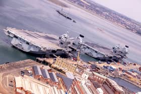 Pictured: Both aircraft carriers, HMS Queen Elizabeth and HMS Prince of Wales at the Dockyard, Portsmouth, a view of Portsmouth from Spinnaker Tower on Wednesday 31st July 2024. Picture: Habibur Rahman