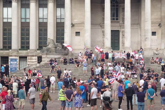 The demonstration at Guildhall Square in Portsmouth this morning after three children were stabbed in Southport. Picture: Joe Ward