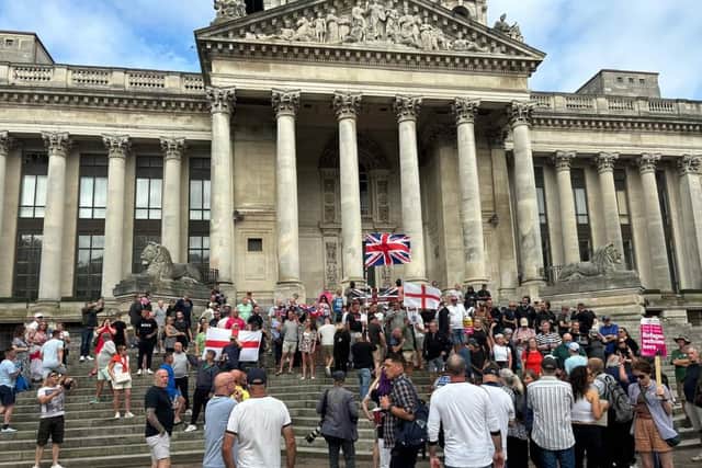 Demonstrators gathered at Guildhall Square this morning after three children were killed in Southport. Picture: Joe Ward.