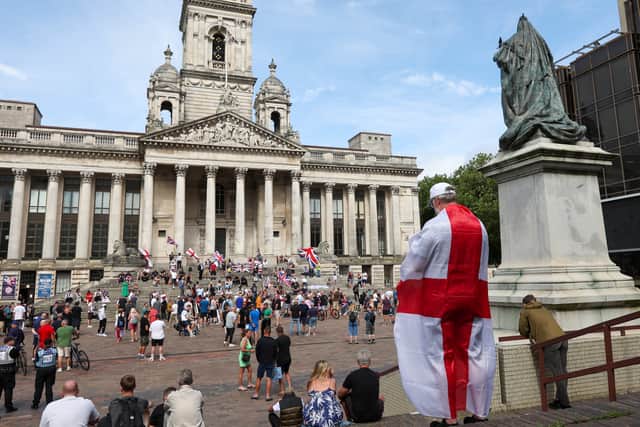 Protest at Guildhall Square, Portsmouth, following the killings of three children in Southport. Picture: Chris  Moorhouse (030824-35)