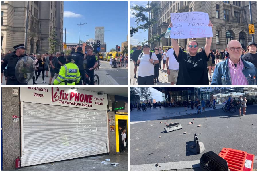 Opposing groups of protestors assembled at Liverpool's Pier Head on Saturday.