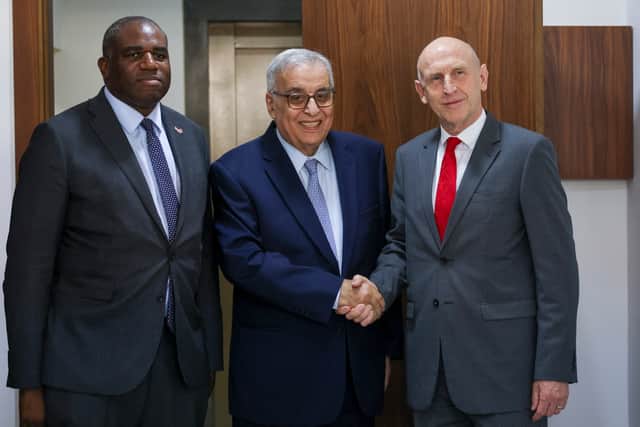 Lebanese Foreign Minister Bou Habib (C) greets British Foreign Secretary David Lammy (L) and Britain's Defence Secretary John Healey (R) ahead of their meeting in Beirut on August 1, 2024. Picture: Anwar Amro/AFP via Getty Images.