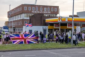 Anti-immigration protest formed near the UK Border Agency Building in Portsmouth. Picture: Mike Cooter (070824)