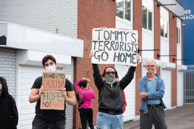 Counter-demonstrators facing off against protestors in Kettering Terrace, Portsmouth.