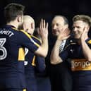 Paul Dummett (left) and Matt Ritchie (right) celebrate Newcastle United's 2-1 win over Brighton in February 2017