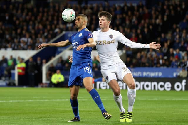 A 21-year-old Conor Shaughnessy, then with Leeds, battles with Leicester's Islam Slimani in the Carabao Cup in October 2017. Picture: Matthew Lewis/Getty Images