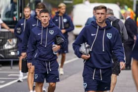 The Pompey players arrive at Elland Road