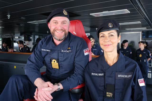 Julia Bradbury alongside Commanding Officer Captain Will Blackett