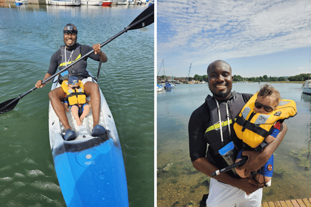 Premature baby Caleb going kayaking with his father Reuben.