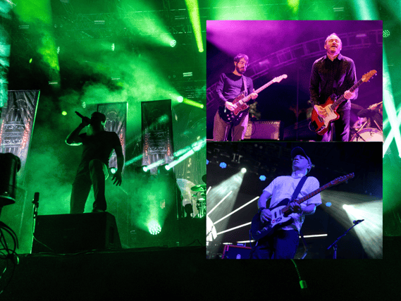 Meshuggah (main) are set to headline Arctangent 2024 this week, alongside fellow headliners Explosions In The Sky (inset, top) and Mogwai (inset, bottom)